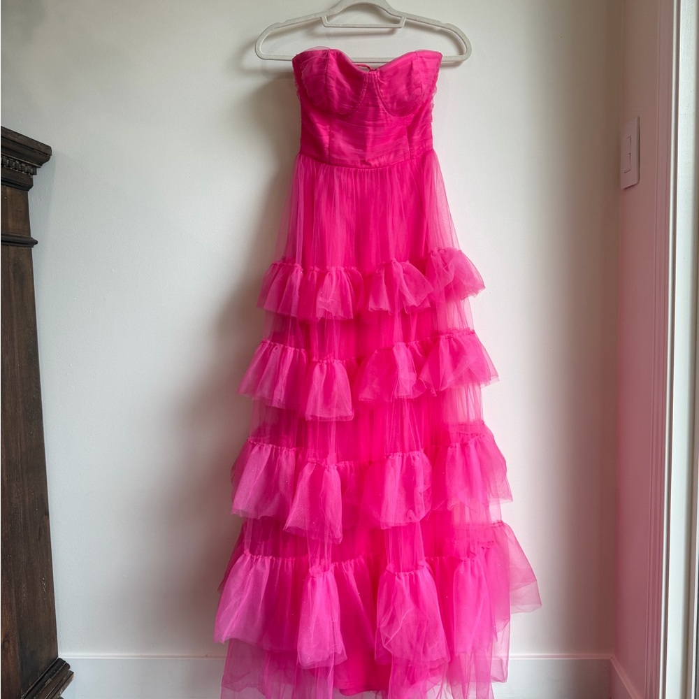 Lulu’s Hot Pink Sparkle Tulle Strapless Bustier Tiered Dress